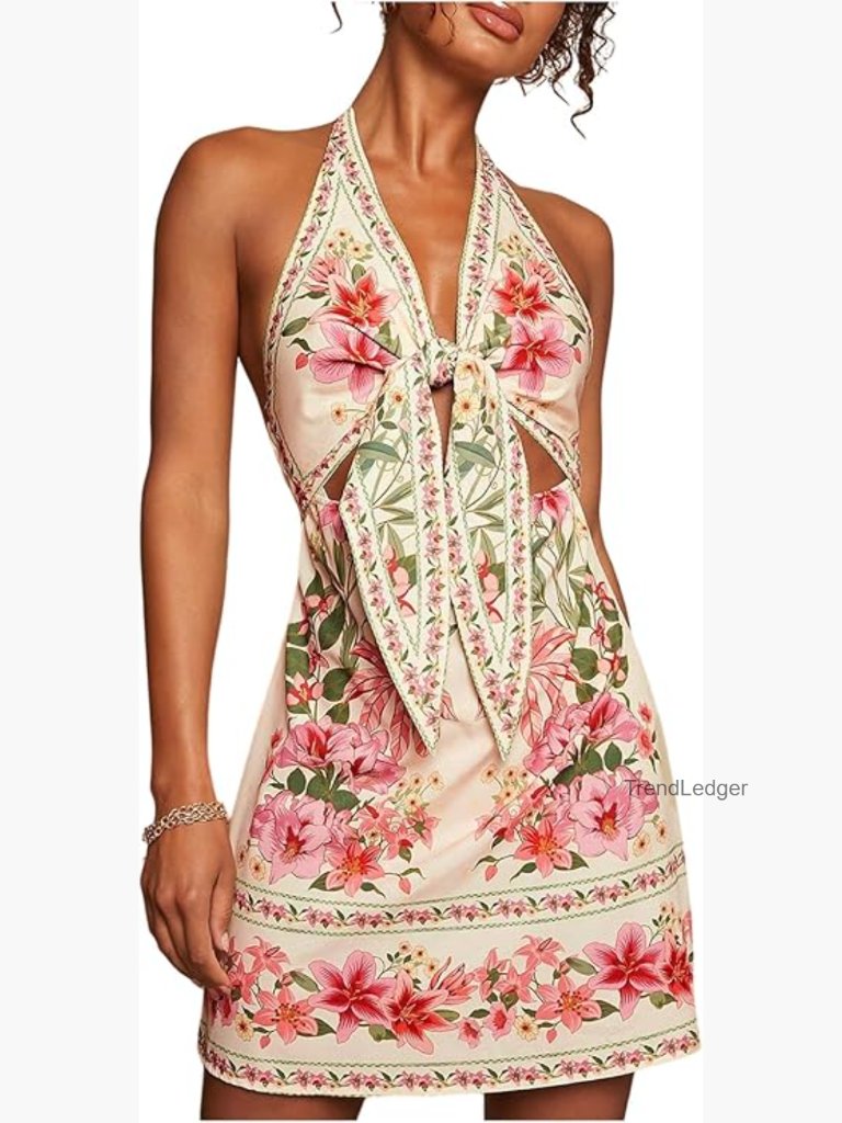 Women's Tropical Floral Backless Halter Cut Out Knot Front Sleeveless Short